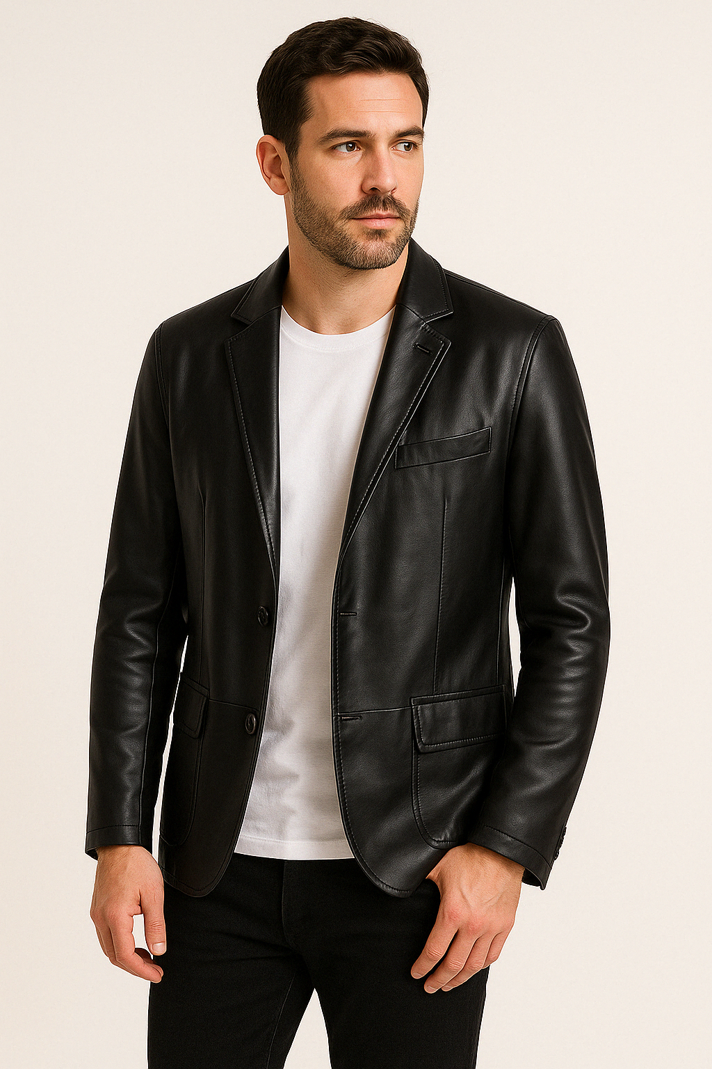 Herrenjacke Schwarz Größe M PU-Leder Figurbetont Klassischer Stil-2