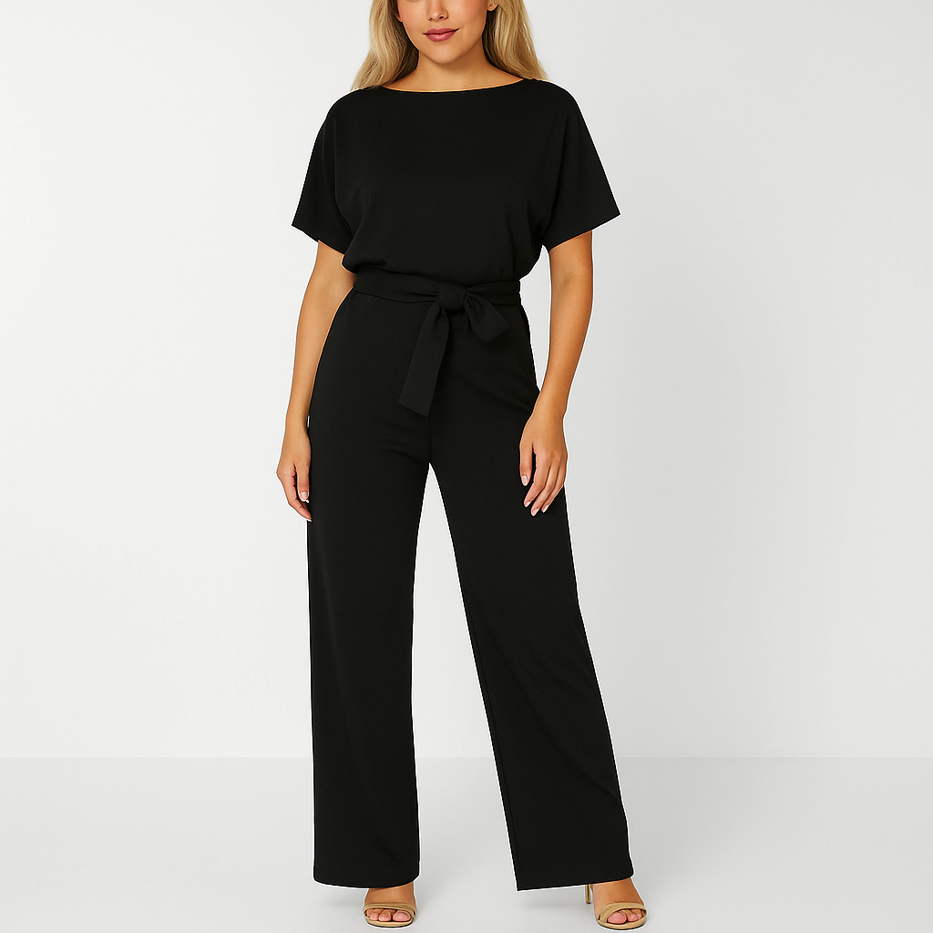 Damen Jumpsuit Schwarz Größe M Polyester, Festlich mit Verstellbarem Gürtel für Hochzeit und besondere Anlässe-3