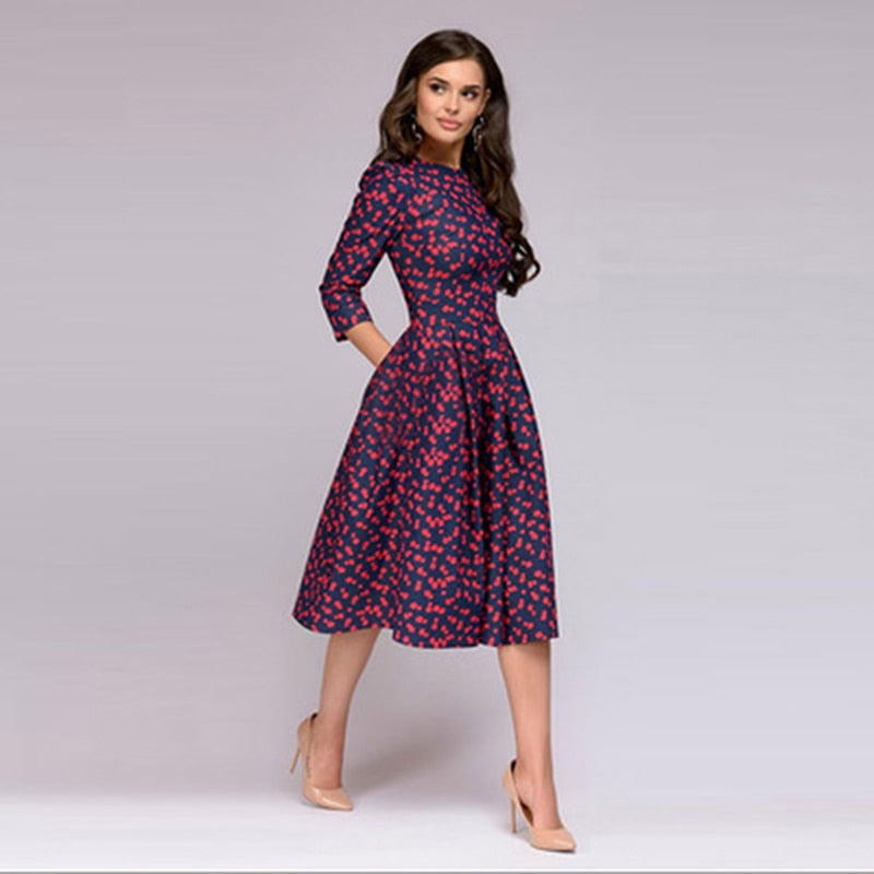 Damen Sommerkleid Blumenmuster mit Drei Viertel Ärmeln - Elegantes Kleid für Frühling und Sommer 1