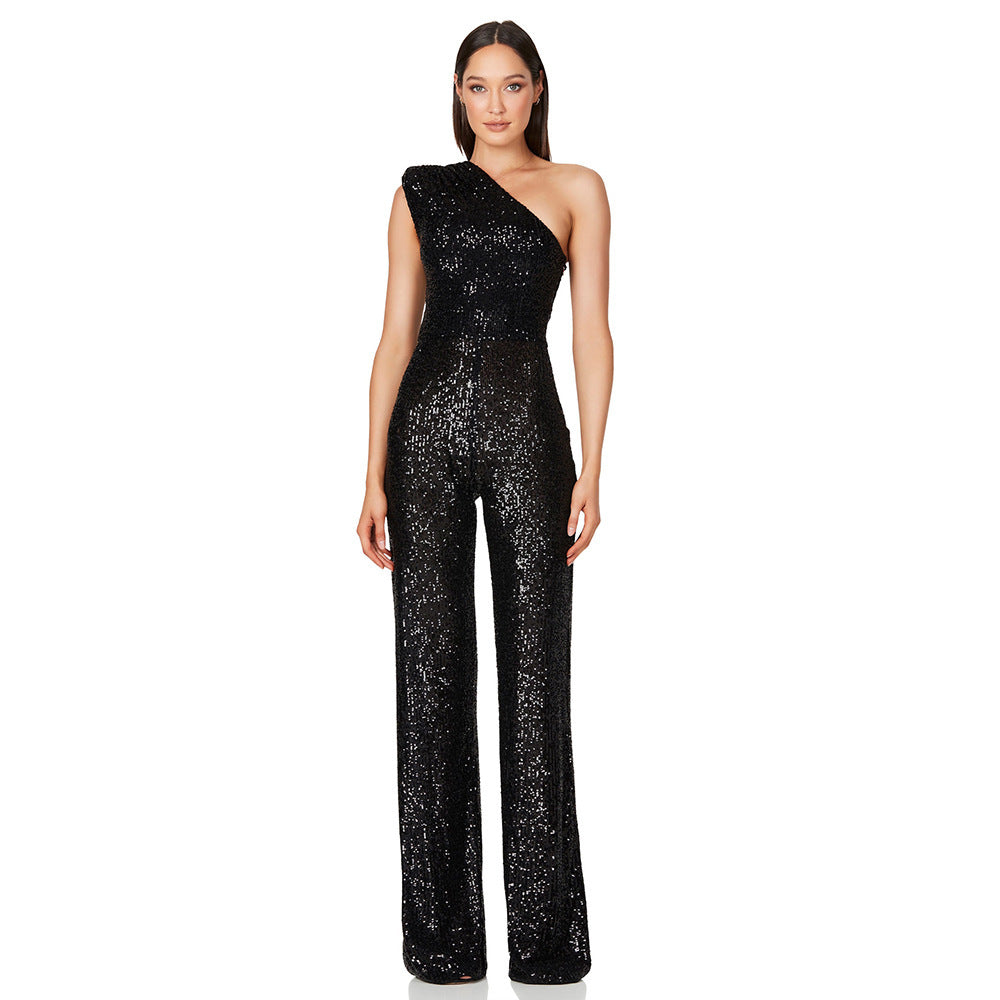 Ärmelloser Damen Jumpsuit Festlich mit Pailletten Ein-Schulter Design für Hochzeit und Elegante Anlässe 1