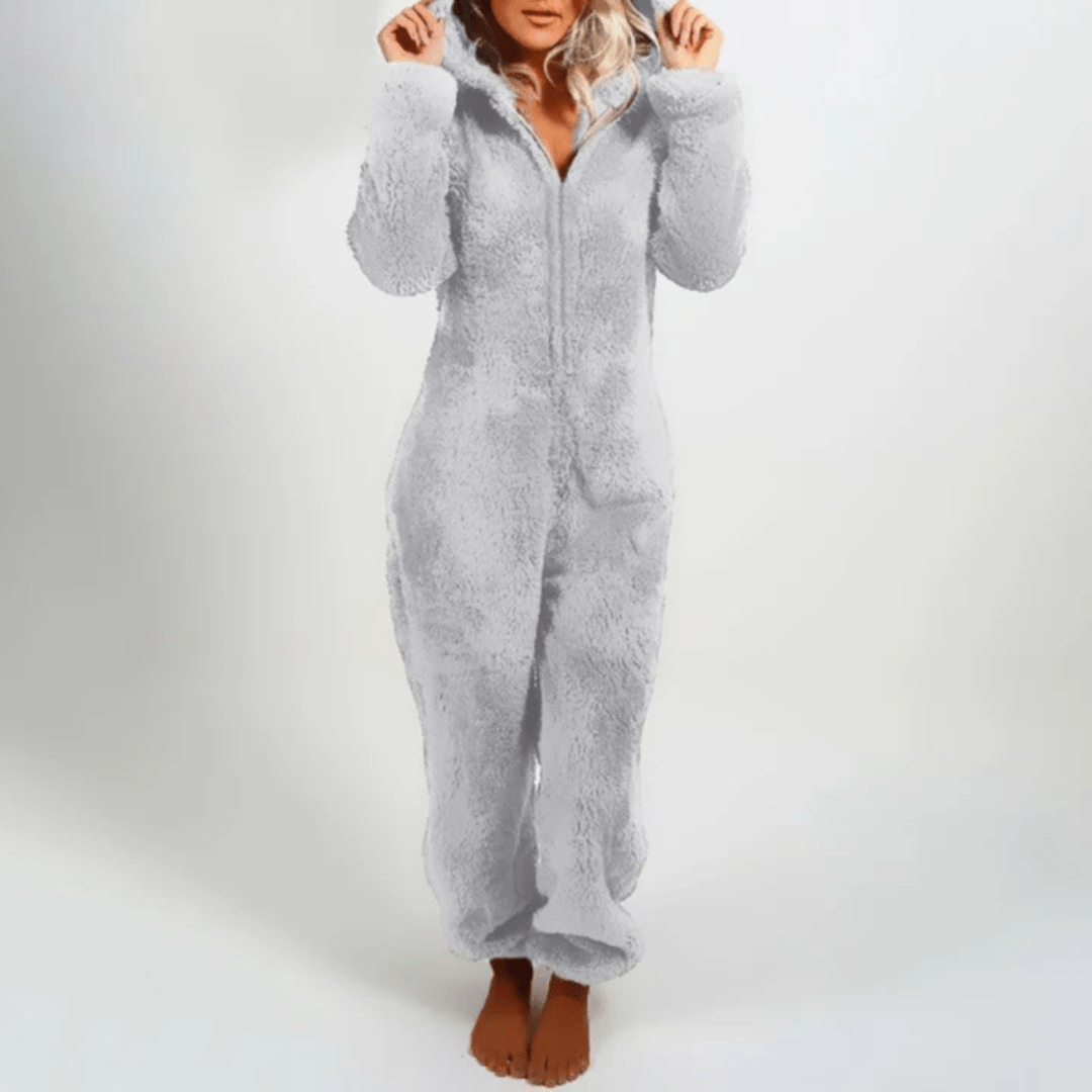 Damen Jumpsuit Grau Größe M Polyester Plüsch Overall für Kuschelige Abende-1