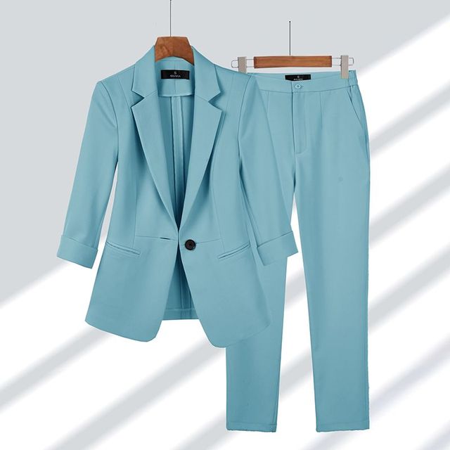 Damen Anzug Schwarz Größe M Polyester Blazer und Hose Set Festlich-6