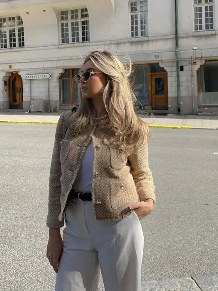 Damen Blazer Grau Größe M Polyester Tailliert Eleganter Tweed-Blazer-6