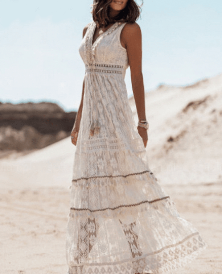 Damen Kleid Hochzeitsgast Weiß Größe M Polyester Boho-Spitzenkleid Festlich-3