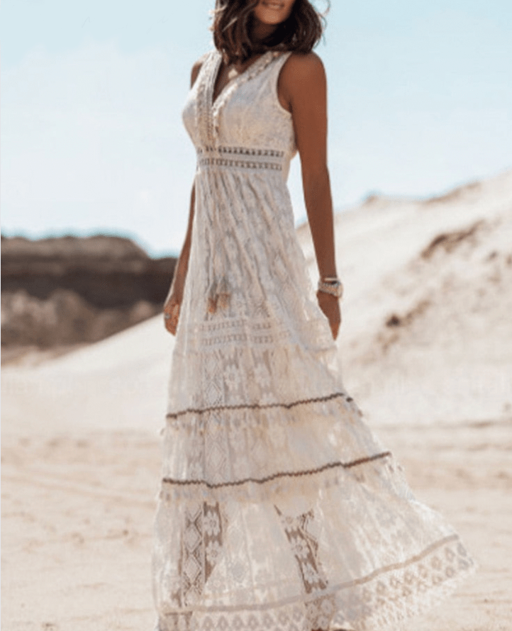 Damen Boho-Spitzenkleid Weiß Größe M Polyester Festliche Kleider-3