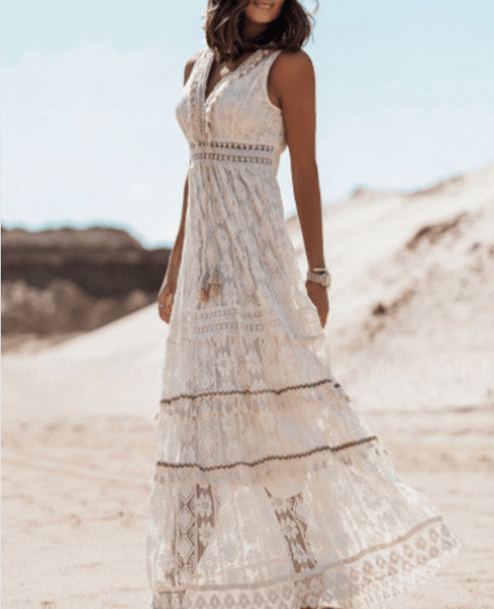 Damen Boho-Spitzenkleid Weiß Größe M Polyester Festliche Kleider-3