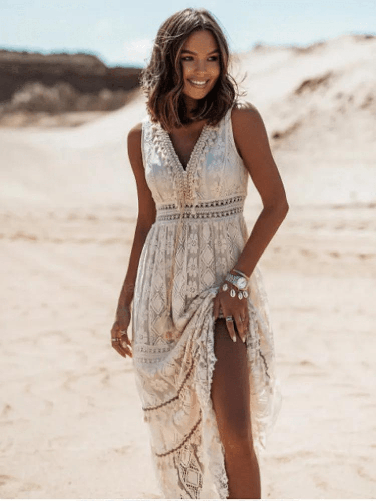 Damen Boho-Spitzenkleid Weiß Größe M Polyester Festliche Kleider-1