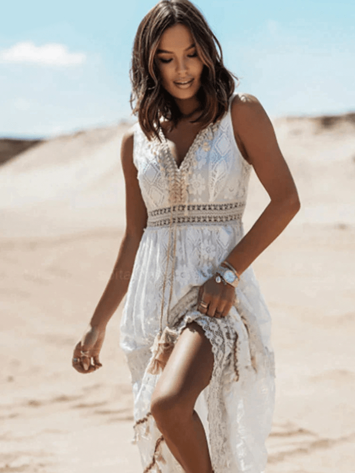 Variant image for Damen Boho-Spitzenkleid Weiß Größe M Polyester Festliche Kleider-5